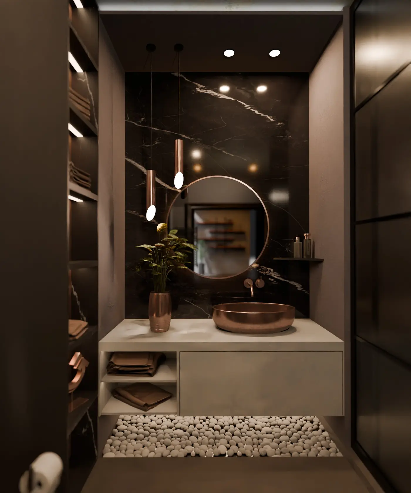 Granit im Badezimmer mit Waschtisch und Wandverkleidung
